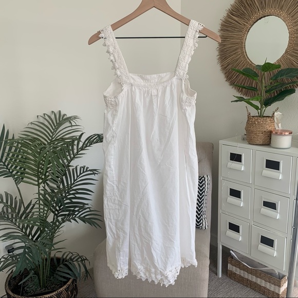 Shabby Chic Boho White Crochet Lace Trim Cotton Trapeze Shift Dress Medium - Picture 8 of 11